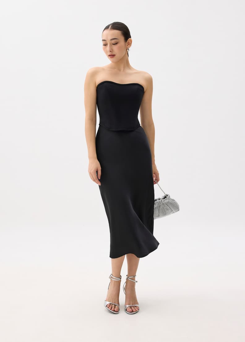 Elastic Satin Bias Cut Midaxi Skirt